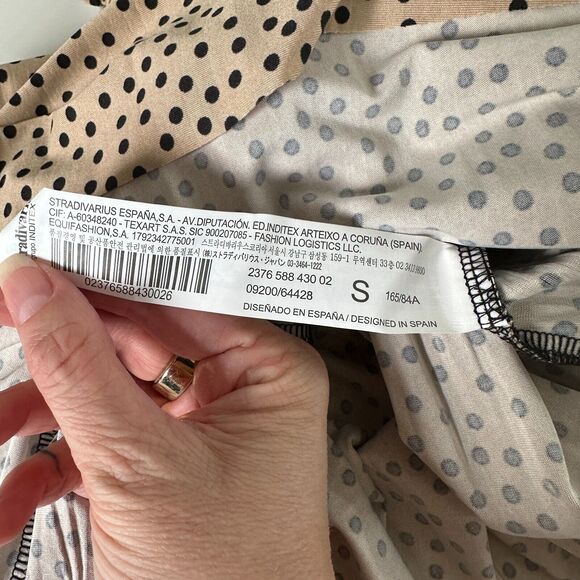 Stradivarius Beige Black Polka Dot Mini Pleat Balloon Sleeve Round Neck Dress - Picture 14 of 15